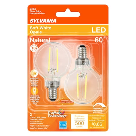Sylvania Sylvania Natural G16.5 E12 (Candelabra) LED Bulb Soft White 60 Watt Equivalence 2 pk 40852
